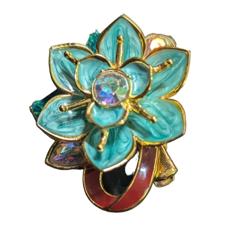 Disney Teal Enamel Flower Hair Clip Iridescent Rhinestone Gold Tone Floral 1.5"